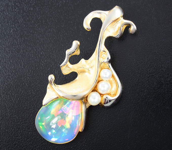 Золото Кулон с кристаллическим эфиопским опалом и жемчугом