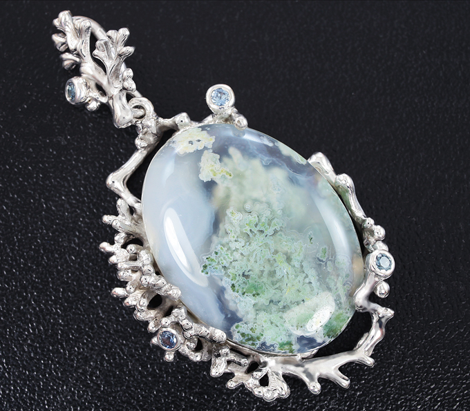 Серебро 925 Кулон с дендритическим агатом и голубыми сапфирами