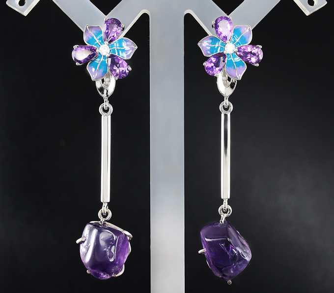 Серебро 925 Серьги с аметистами, кубиком циркония и цветной эмалью