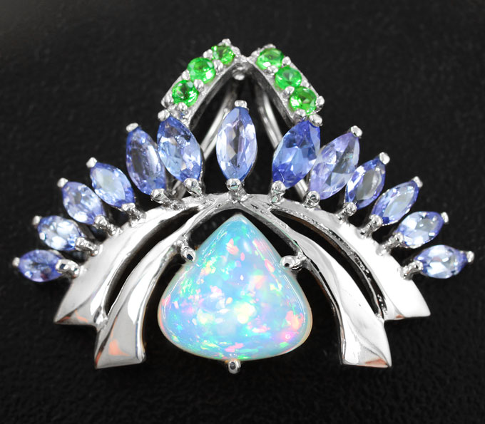 Серебро 925 Кулон с кристаллическим эфиопским опалом, танзанитами и цаворитами гранатами