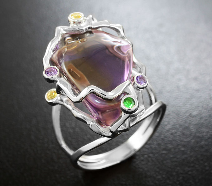 Серебро 925 Кольцо c аметрином, аметистами, цаворитами гранатами и сапфирами