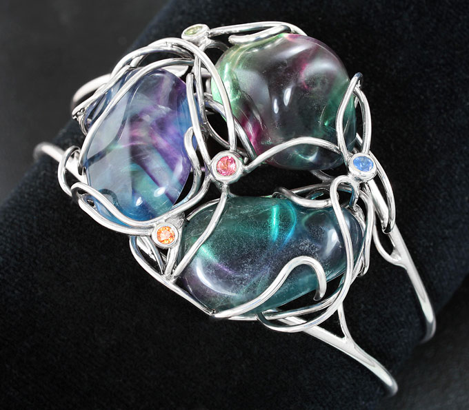 Серебро 925 Браслет с разноцветными флюоритами и сапфирами