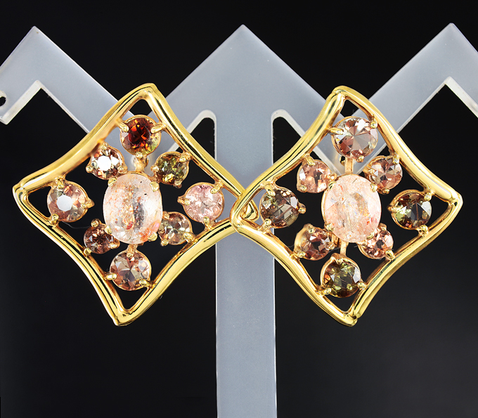 Серебро 925 Серьги с солнечными камнями и андалузитами