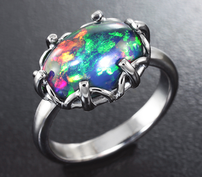 Серебро 925 Кольцо с кристаллическим черным опалом