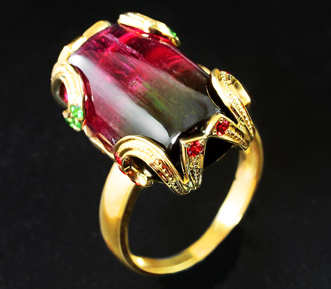Золото Кольцо с крупным арбузным турмалином