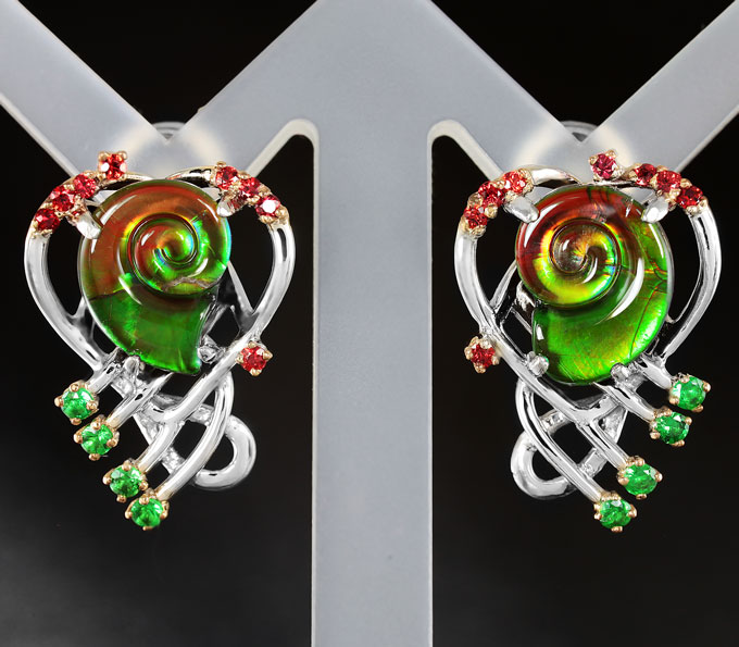 Серебро 925 Серьги с триплетами аммолитов аммонитов, цаворитами и сапфирами