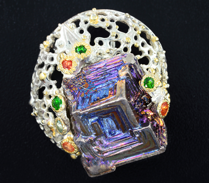 Серебро 925 Кулон c висмутом, диопсидами и сапфирами