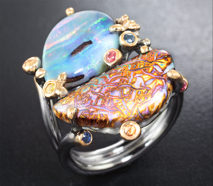 Серебро 925 Кольцо c австралийскими болдер опалами и разноцветными сапфирами
