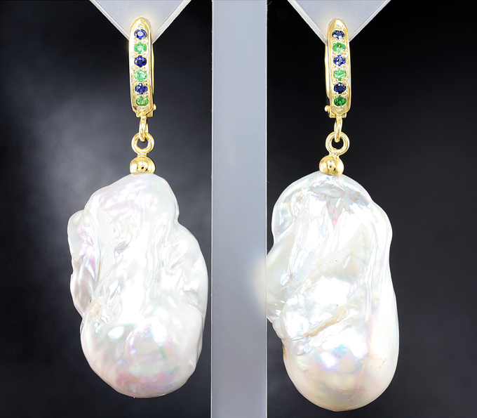 Серебро 925 Серьги с жемчугом барокко, синими сапфирами и цаворитами гранатами