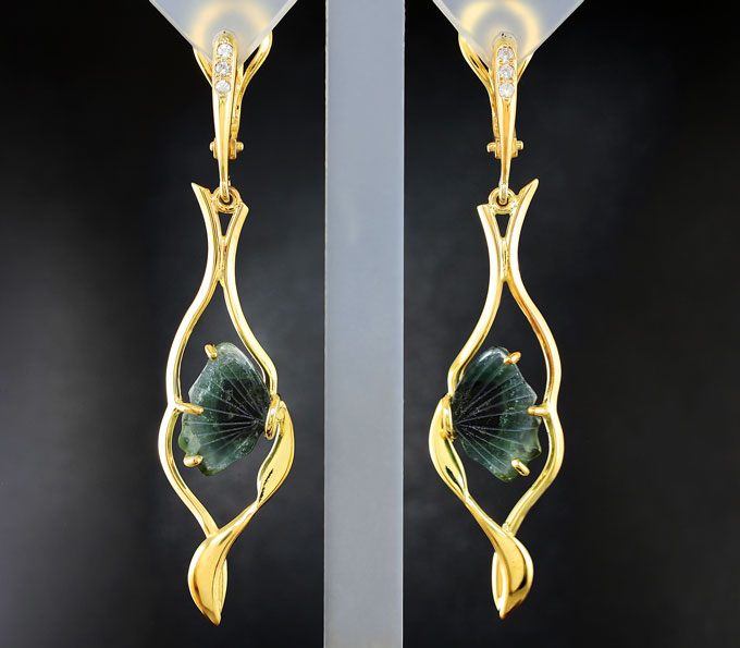 Серебро 925 Серьги с резными турмалинами и кубиком циркония