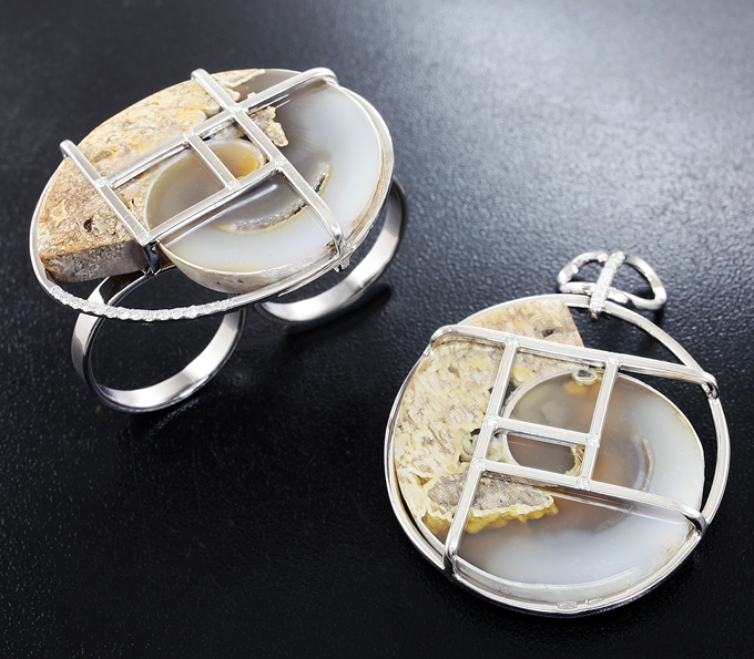 Серебро 925 Комплект с агатизированными слайсами моллюска и бриллиантами