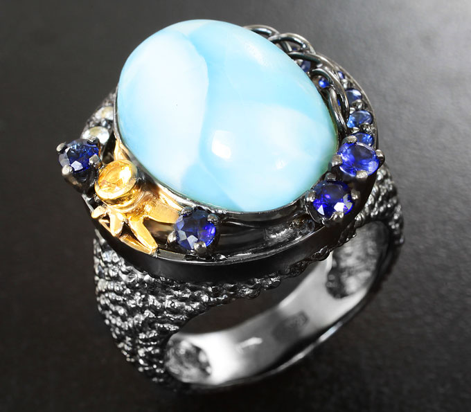 Серебро 925 Кольцо c ларимаром, синими, желтыми и бесцветными сапфирами