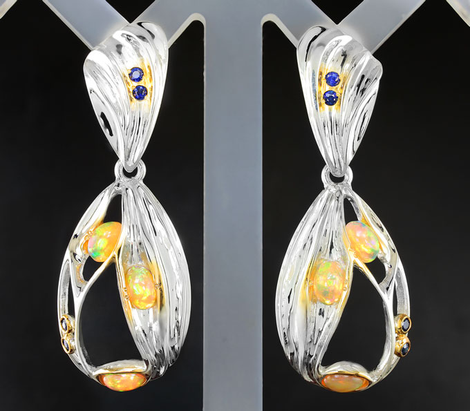 Серебро 925 Серьги с кристаллическими эфиопскими опалами и синими сапфирами