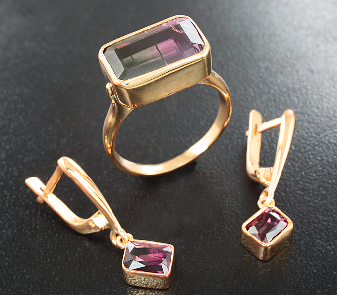 Серебро 925 Комплект с арбузными турмалинами