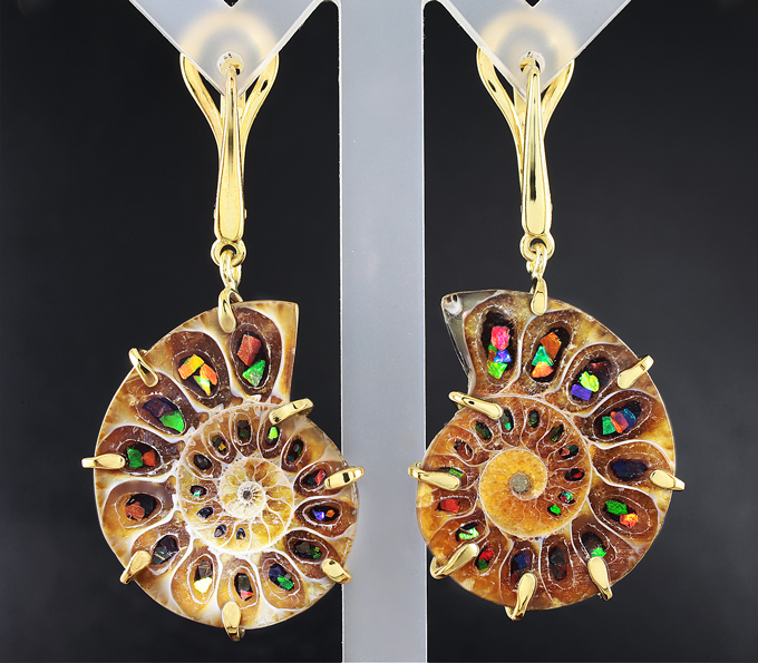 Серебро 925 Серьги с крупными аммонитами с мозаикой аммолита