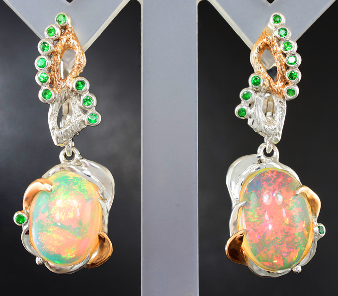 Серебро 925 Серьги с кристаллическими эфиопскими опалами и цаворитами гранатами