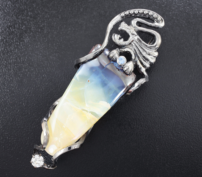 Серебро 925 Кулон с австралийским болдер опалом, васильковым сапфиром и бесцветным цирконом