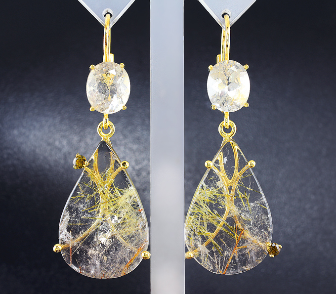 Серебро 925 Серьги с кварцем с включением эпидота, топазами и уральскими топазолитами