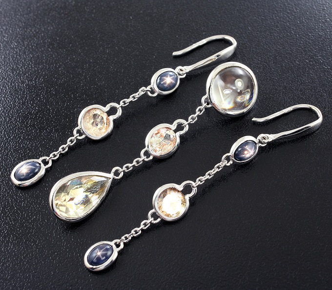 Золото Комплект с орегонскими солнечными камнями и звездчатыми сапфирами