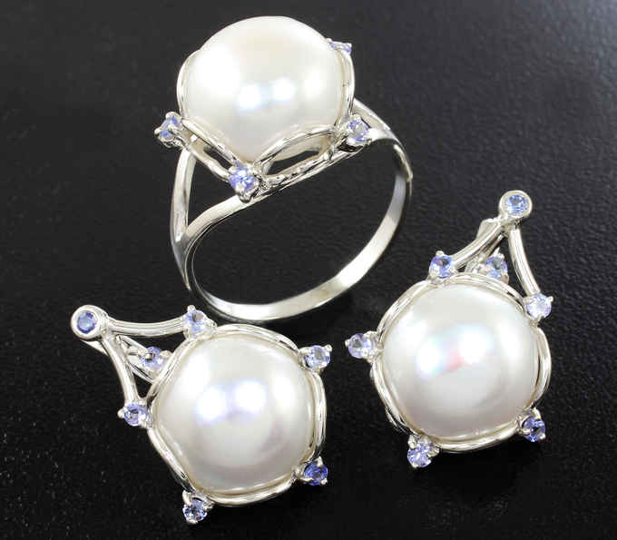 Серебро 925 Комплект с жемчугом и танзанитами
