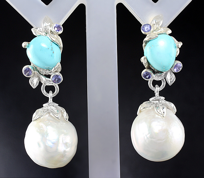 Серебро 925 Серьги с армянской бирюзой, жемчугом барокко и танзанитами