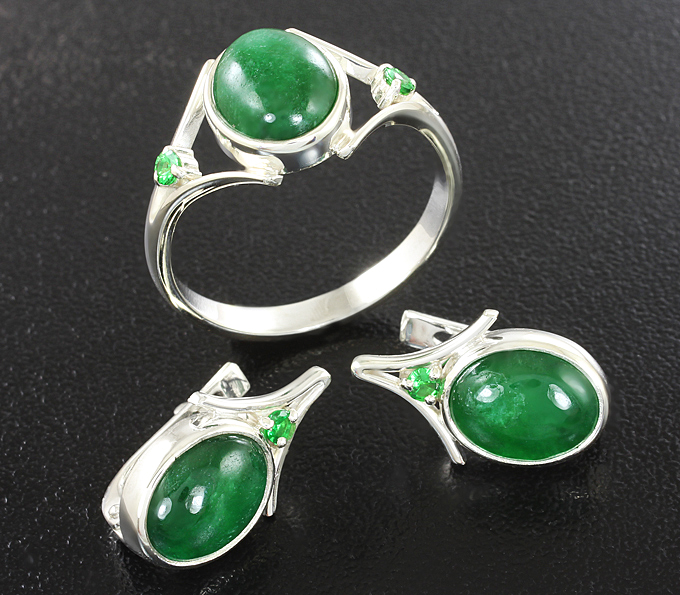 Серебро 925 Комплект с жадеитами и цаворитами гранатами