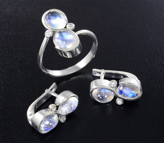 Серебро 925 Комплект с лунным камнем и лейкосапфирами