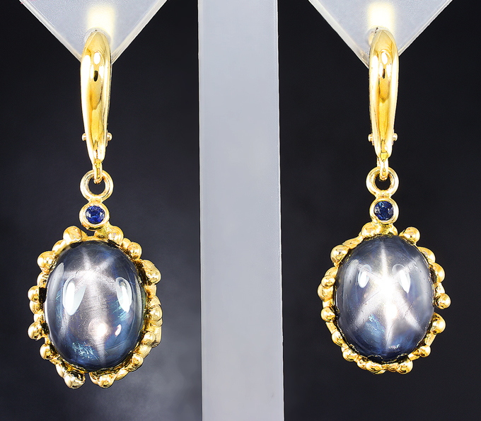 Золото Серьги со звездчатыми сапфирами 14,55 карата и синими сапфирами