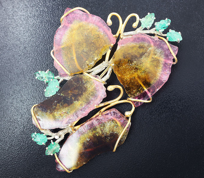 Серебро 925 Брошь c крупными слайсами полихромных турмалинов