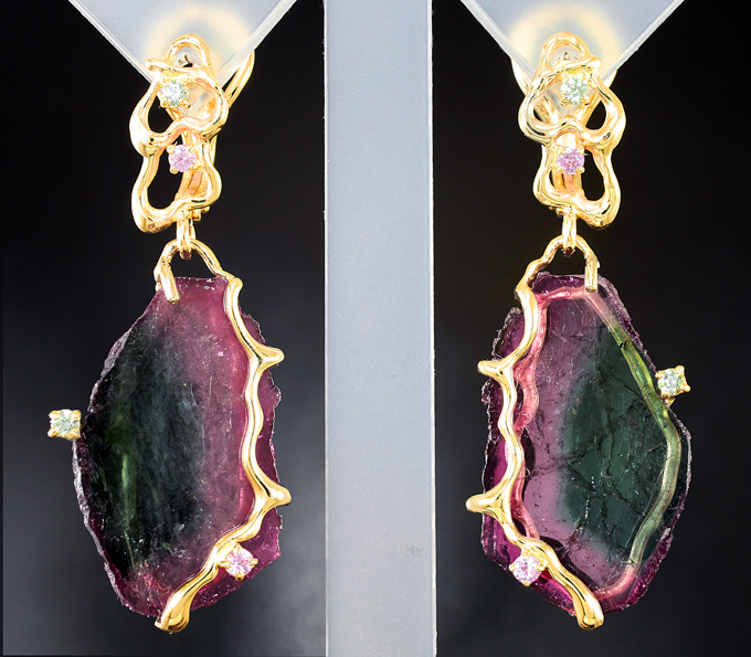 Золото Серьги с арбузными турмалинами 28,87 карата, розовыми и зелеными сапфирами