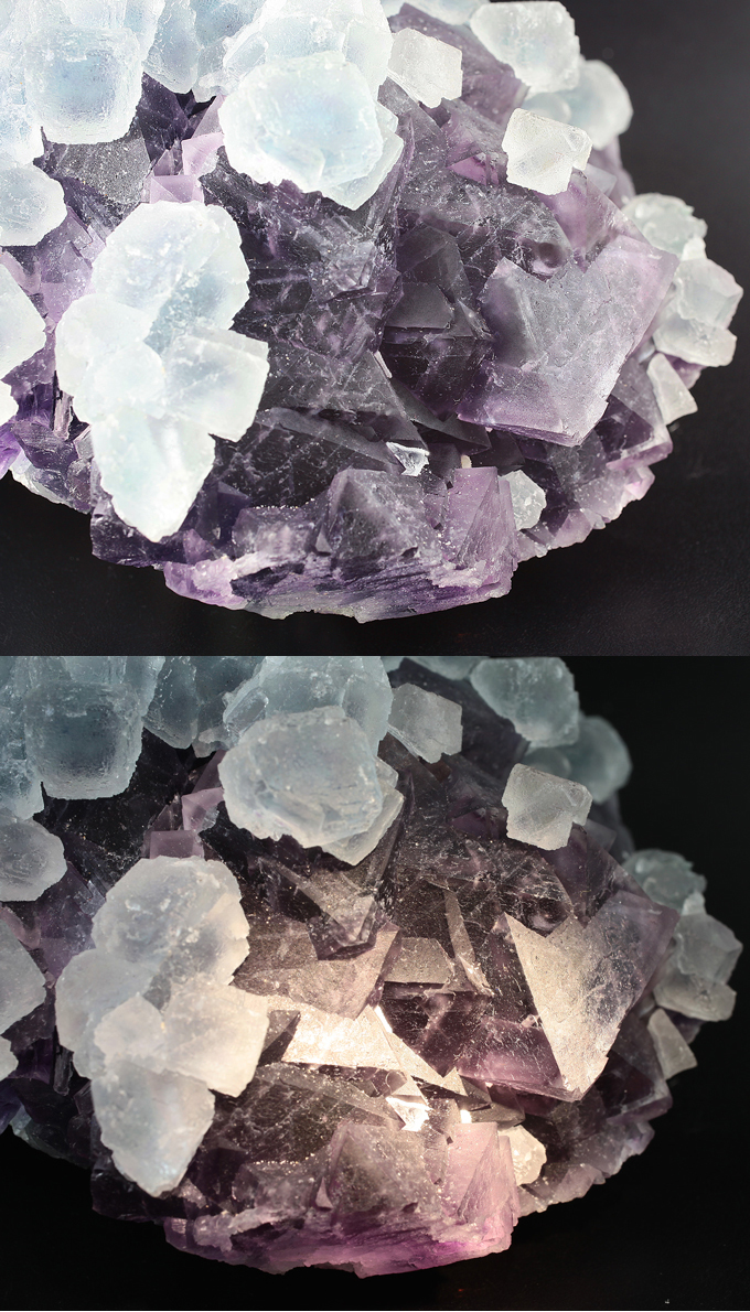 Кристаллы голубого флюорита на фиолетовом