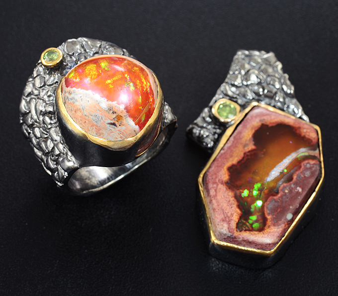 Серебро 925 Комплект с мексиканскими jelly опалами 19,38 карата и перидотами