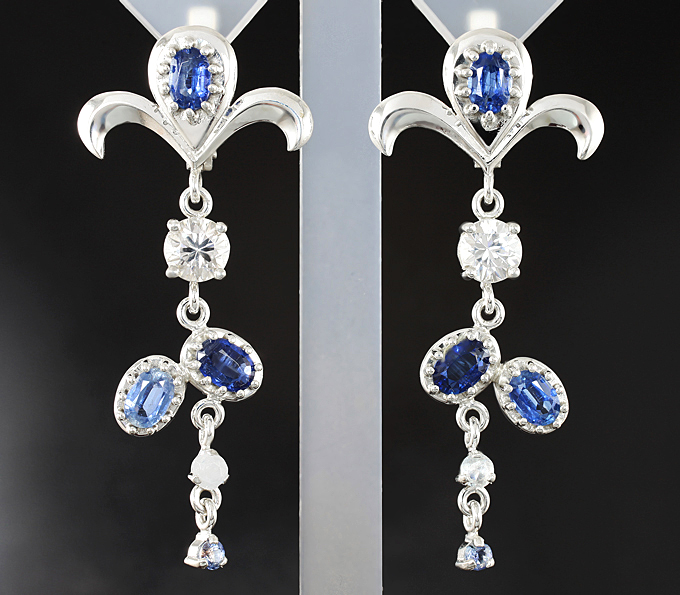 Серебро 925 Серьги с бенитоитами, кианитами и бесцветными цирконами бриллиантовой огранки