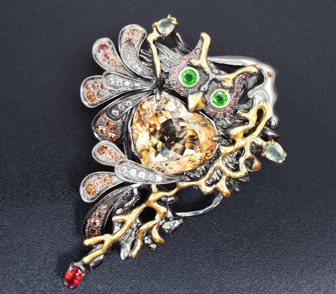 Серебро 925 Серебряная брошь/кулон с империал топазом 18,4 карата и самоцветами