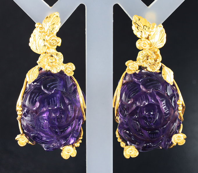 Серебро 925 Серьги с резными аметистами 63,25 карата