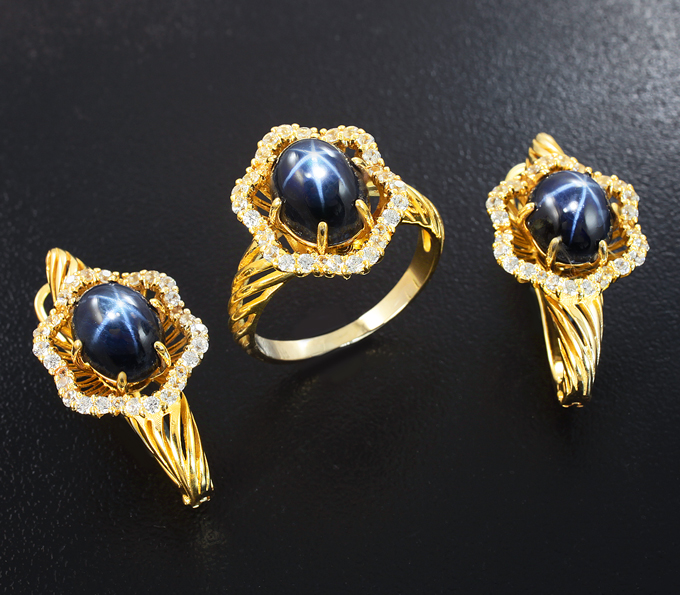 Золото Комплект со звездчатыми 13,43 карата и бесцветными сапфирами