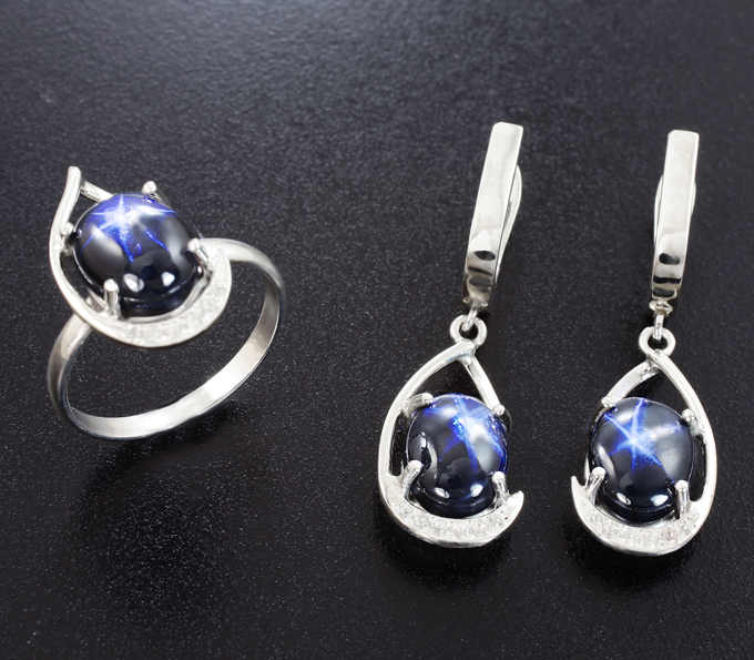 Серебро 925 Комплект со звездчатыми сапфирами 14,97 и бесцветными цирконами