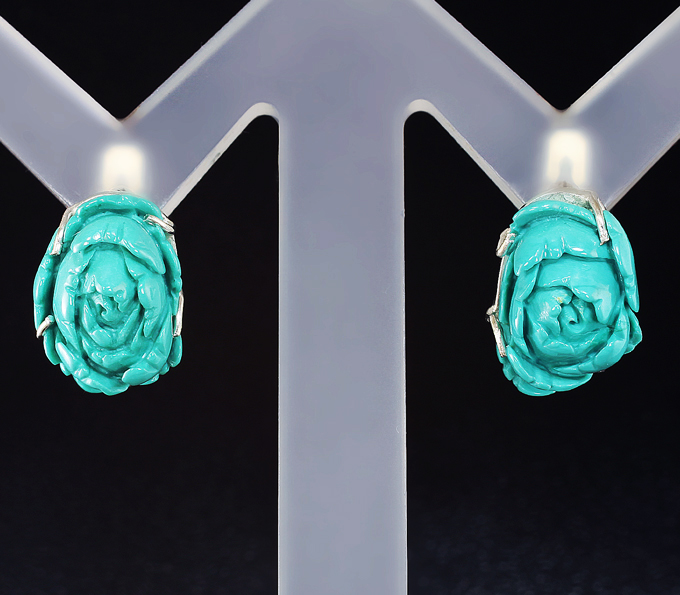 Серебро 925 Серьги с резной бирюзой 9,27 карата