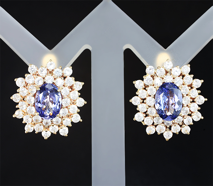Золото Серьги с танзанитами 3,17 карата и бесцветными цирконами