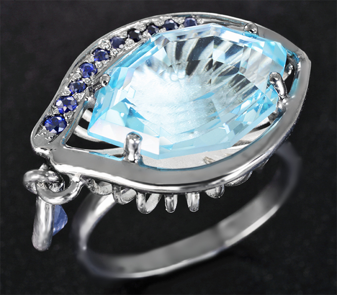 Серебро 925 Кольцо с топазом авторской огранки «Mordor Eye» 8,1 карата, голубым и синими сапфирами