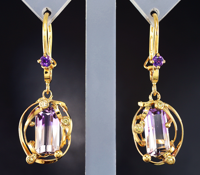 Серебро 925 Серьги с аметрином, аметистами и желтыми сапфирами