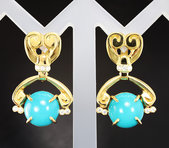 Серебро 925 Серьги с кабошонами армянской бирюзы 11,42 карата и цирконами