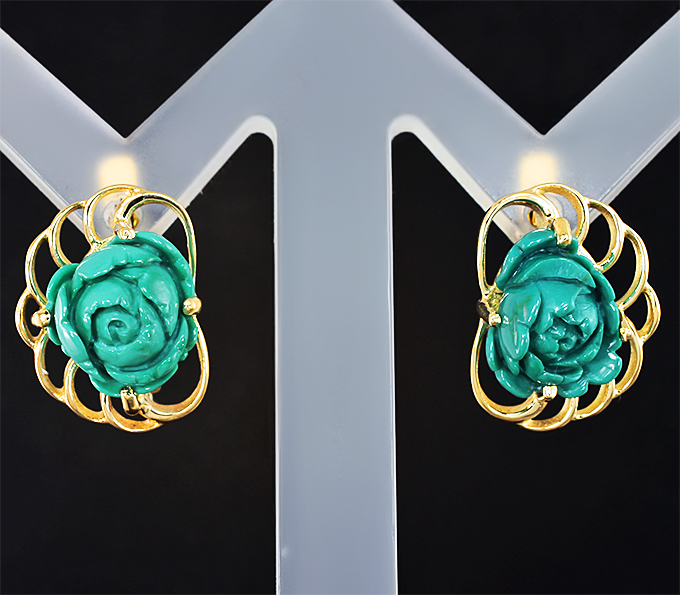 Золото Серьги с резной бирюзой 7,55 карата