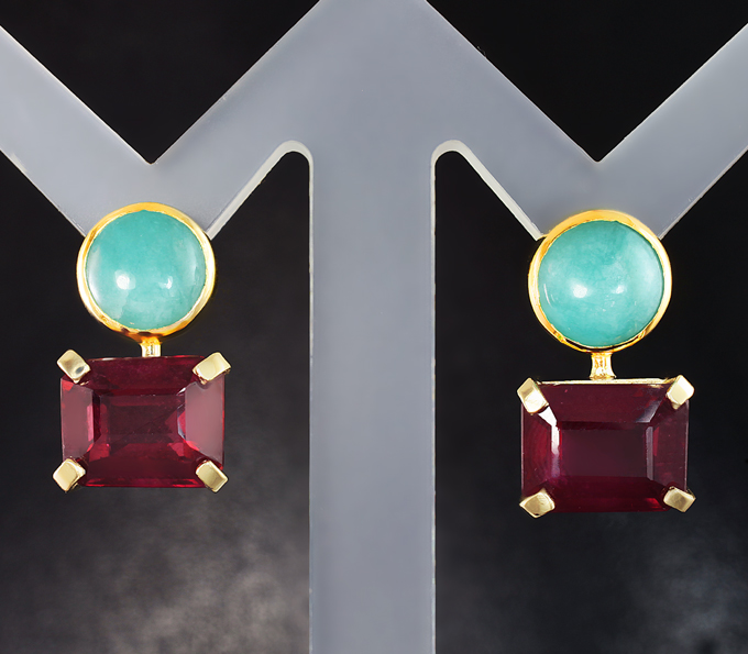 Золото Серьги с амазонитами 4,28 карата и рубинами 8,74 карата
