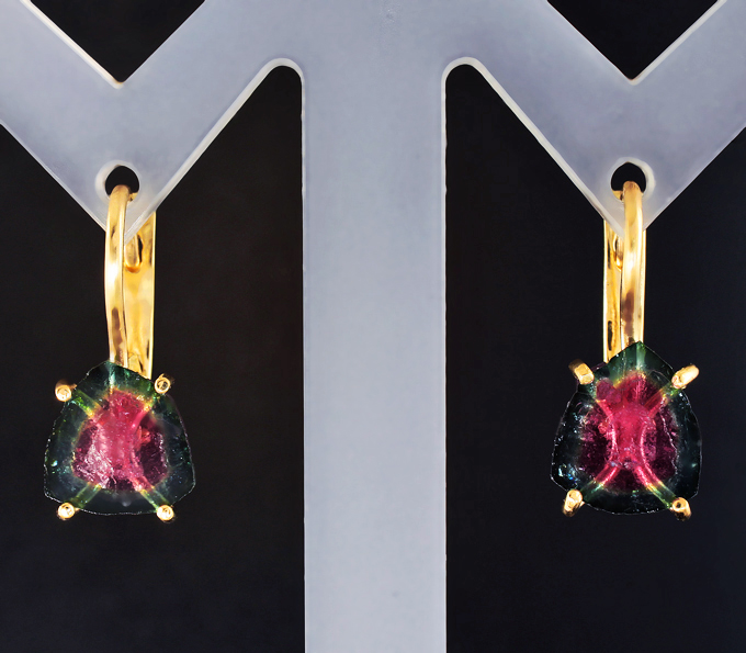 Золото Серьги с контрастными слайсами арбузных турмалинов 4,17 карата