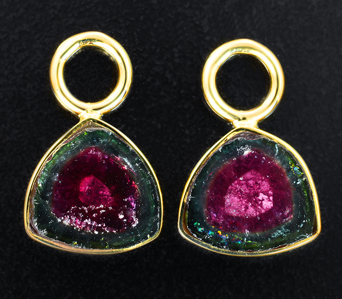 Золото Подвесы для серег с контрастными слайсами арбузного турмалина 6,1 карата