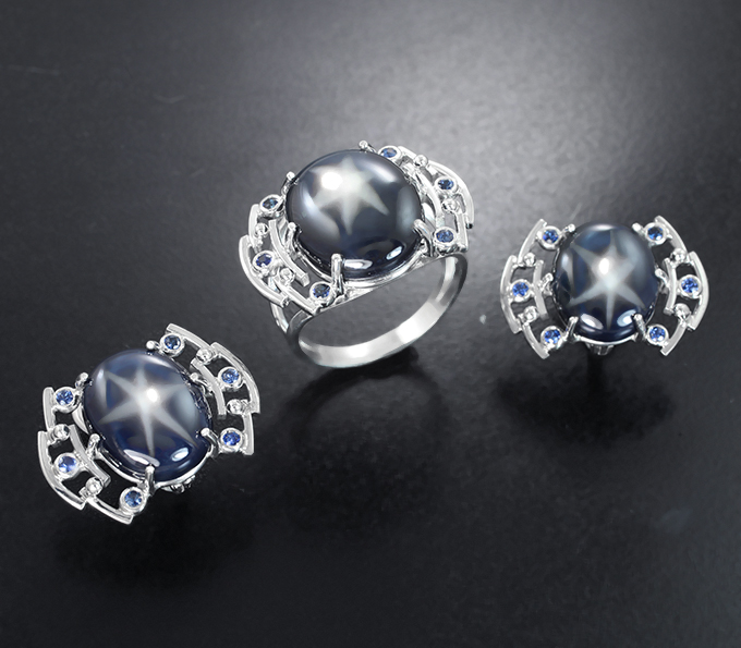 Серебро 925 Комплект со звездчатыми сапфирами 43,07 карата и синими сапфирами