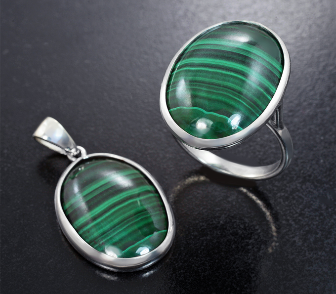 Серебро 925 Комплект с уральским малахитом 34,18 карата