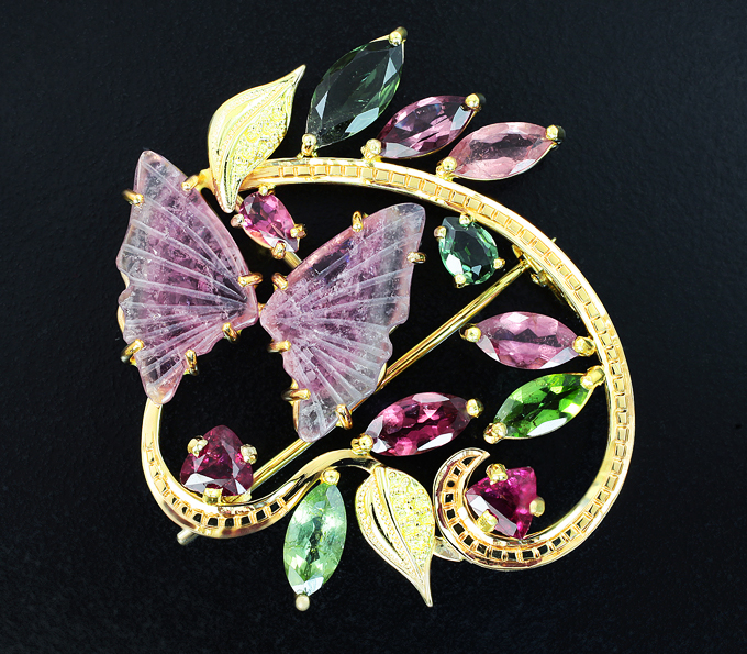 Золото Золотая брошь/кулон с резными 5,75 карата и ограненными разноцветными турмалинами 4,42 карата
