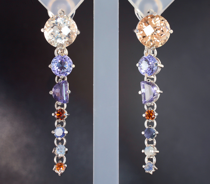 Золото Серьги с империал топазами, иолитами, топазолитами, бенитоитами и танзанитами